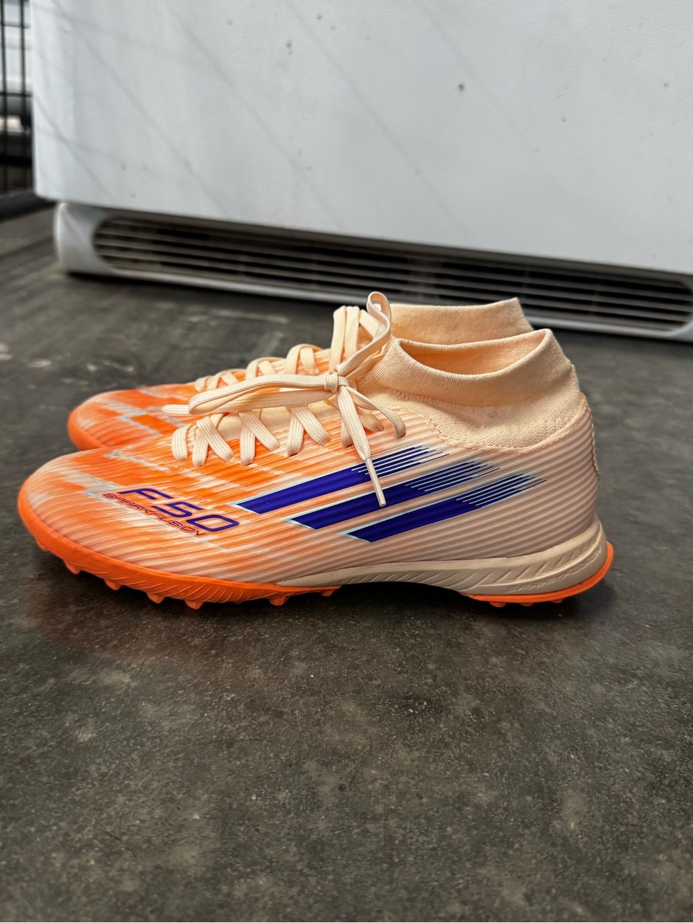 Girls Orange adidas spark fusion indoor Turf Soccer Shoes - Blue Accents